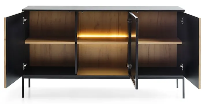 Komoda Tosena trzydrzwiowa z oświetleniem LED 154 cm Czarny/Dąb wotan