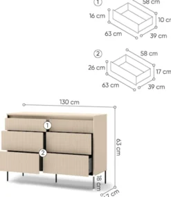 Komoda Trend z sześcioma szufladami i oświetleniem 130 cm ryflowane fronty beż piaskowy / czarny