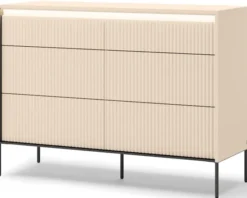 Komoda Trend z sześcioma szufladami i oświetleniem 130 cm ryflowane fronty beż piaskowy / czarny
