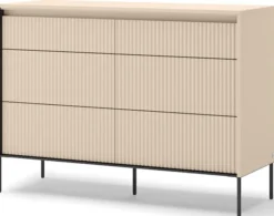 Komoda Trend z sześcioma szufladami i oświetleniem 130 cm ryflowane fronty beż piaskowy / czarny