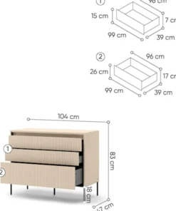 Komoda Trend z trzema szufladami i oświetleniem 104 cm ryflowane fronty beż piaskowy / czarny