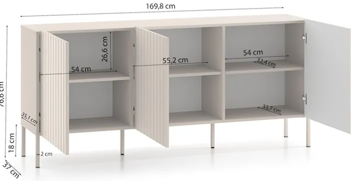 Komoda trzydrzwiowa Derriva z ryflowanymi frontami 170 cm kaszmir