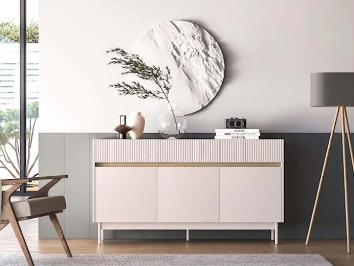 Komoda trzydrzwiowa Dunea z trzema szufladami 154 cm kaszmir/dąb