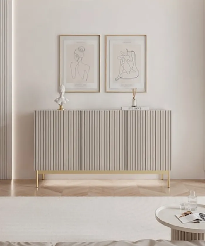 Komoda trzydrzwiowa Linearis z oświetleniem LED 138 cm kaszmir na złotych nóżkach