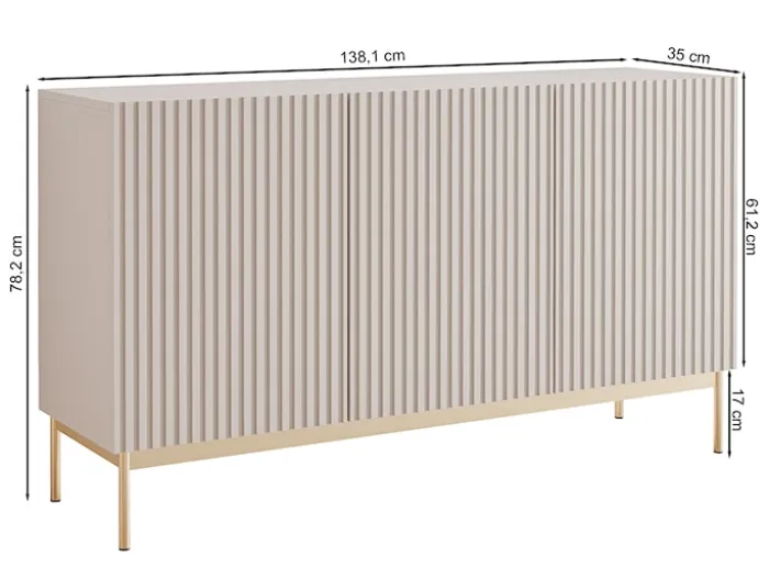 Komoda trzydrzwiowa Linearis z oświetleniem LED 138 cm kaszmir na złotych nóżkach