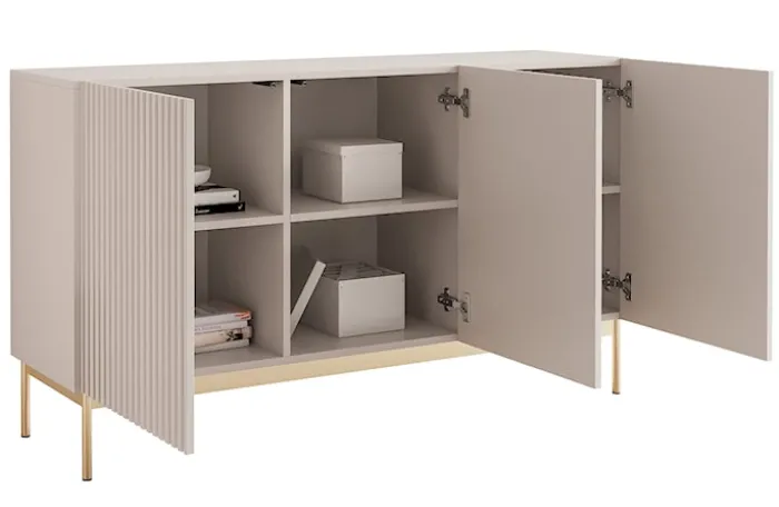 Komoda trzydrzwiowa Linearis z oświetleniem LED 138 cm kaszmir na złotych nóżkach