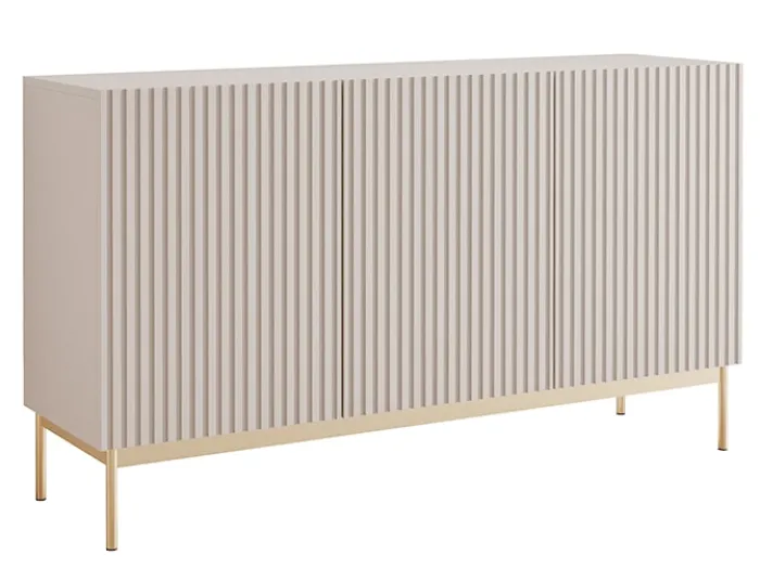 Komoda trzydrzwiowa Linearis z oświetleniem LED 138 cm kaszmir na złotych nóżkach