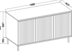 Komoda trzydrzwiowa Osaka z ryflowanymi frontami 149 cm dąb evoke na czarnych nogach