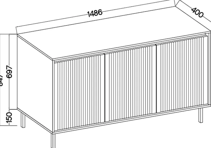 Komoda trzydrzwiowa Osaka z ryflowanymi frontami 149 cm dąb evoke na czarnych nogach