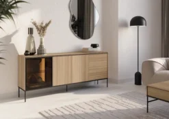 Komoda trzydrzwiowa Visso z witryną i oświetleniem 201 cm dąb linearny