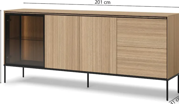 Komoda trzydrzwiowa Visso z witryną i oświetleniem 201 cm dąb linearny