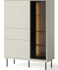 Komoda wysoka Epiro trzydrzwiowa z witryną i oświetleniem 99 cm szary beż / dąb ciemny