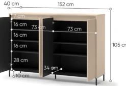Komoda wysoka Trend czterodrzwiowa z oświetleniem 153 cm ryflowane fronty beż piaskowy / czarny