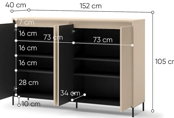 Komoda wysoka Trend czterodrzwiowa z oświetleniem 153 cm ryflowane fronty beż piaskowy / czarny