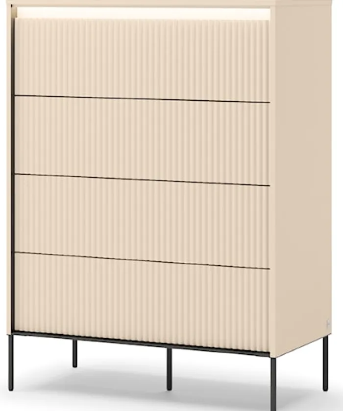 Komoda wysoka Trend z czterema szufladami i oświetleniem 93 cm ryflowane fronty beż piaskowy / czarny