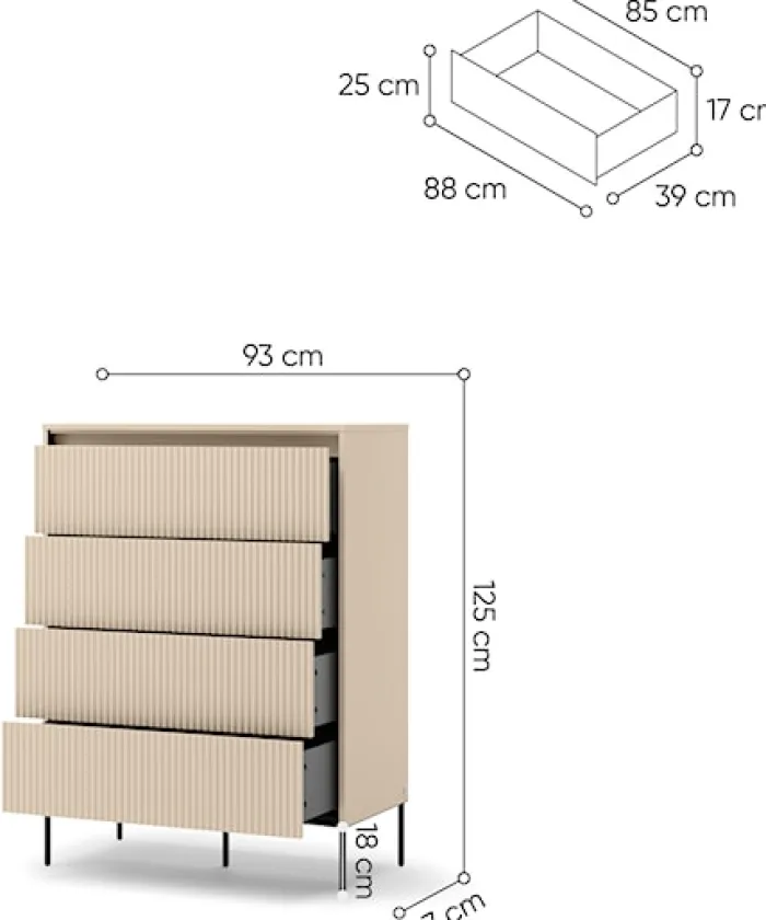 Komoda wysoka Trend z czterema szufladami i oświetleniem 93 cm ryflowane fronty beż piaskowy / czarny