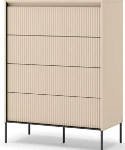 Komoda wysoka Trend z czterema szufladami i oświetleniem 93 cm ryflowane fronty beż piaskowy / czarny