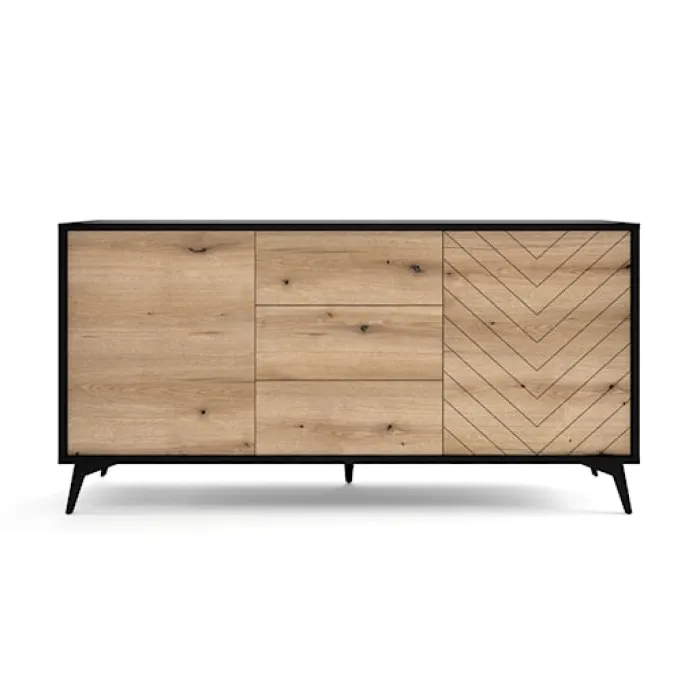 Komoda z szufladami Boulia 154 cm czarna/dąb Evoke jodełka