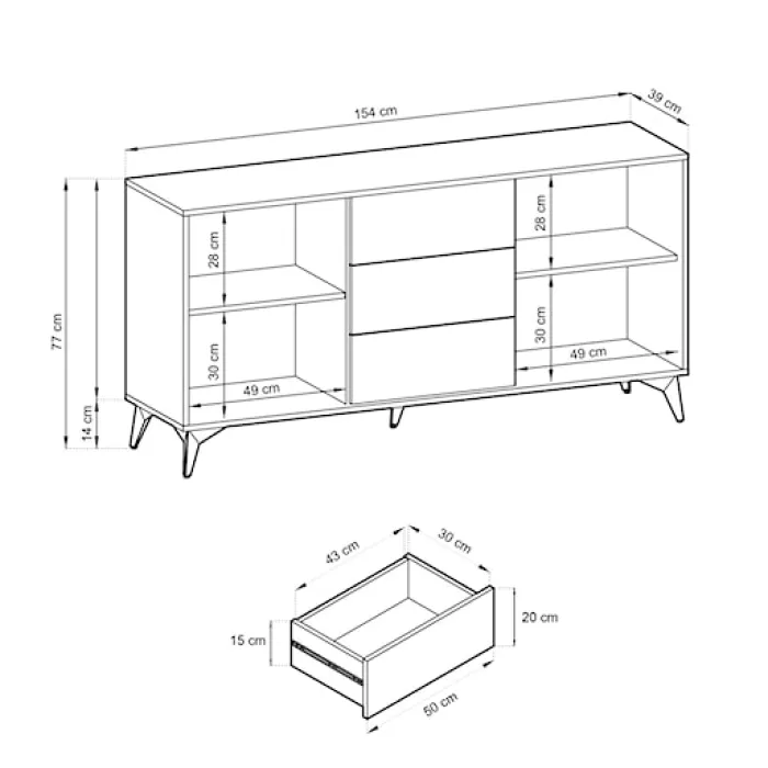 Komoda z szufladami Boulia 154 cm czarna/dąb Evoke jodełka