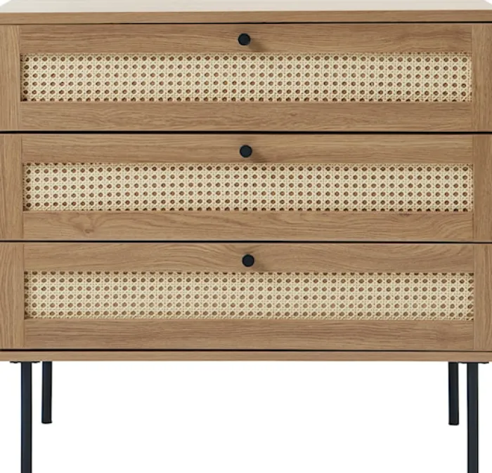 Komoda z trzema szufladami Mogest beżowa plecionka boho