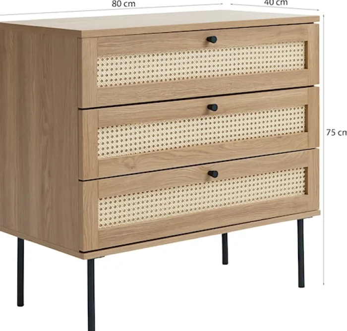 Komoda z trzema szufladami Mogest beżowa plecionka boho