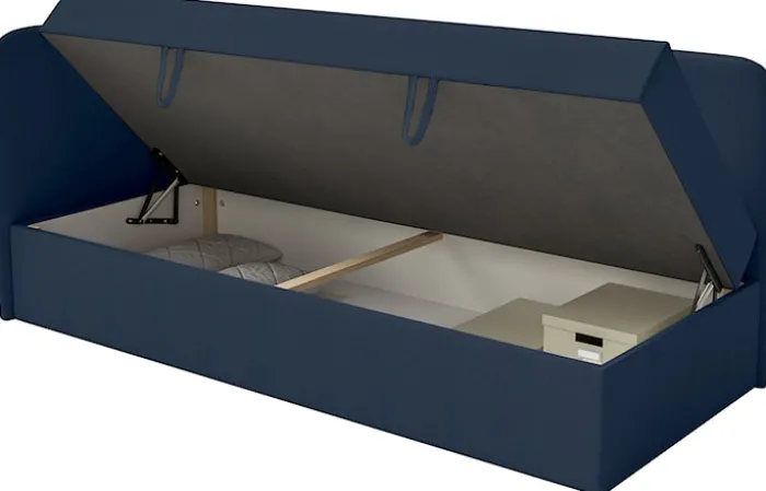 Łóżko młodzieżowe 90x200 cm Calmmo lewostronne z pojemnikiem granatowe szenil hydrofobowy