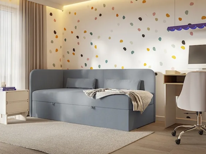 Łóżko młodzieżowe 90x200 cm Calmmo lewostronne z pojemnikiem ciemnoszare szenil hydrofobowy