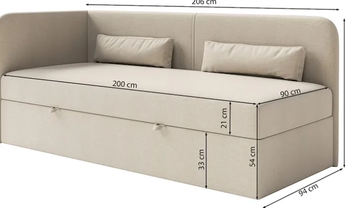 Łóżko młodzieżowe 90x200 cm Calmmo lewostronne z pojemnikiem różowe szenil hydrofobowy