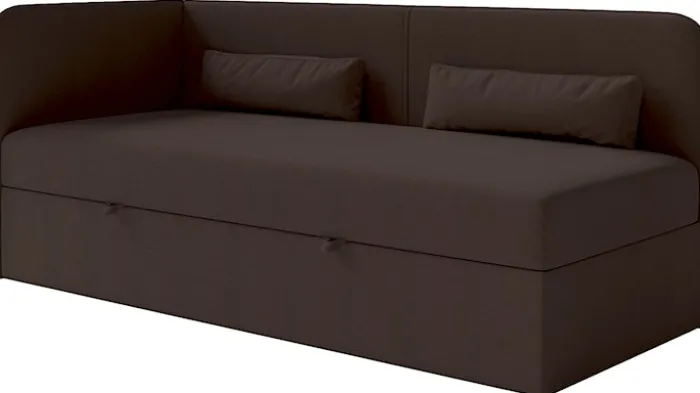 Łóżko młodzieżowe 90x200 cm Calmmo lewostronne z pojemnikiem ciemnobrązowe szenil hydrofobowy