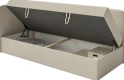 Łóżko młodzieżowe 90x200 cm Calmmo lewostronne z pojemnikiem jasnobeżowe szenil hydrofobowy