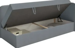 Łóżko młodzieżowe 90x200 cm Calmmo prawostronne z pojemnikiem ciemnoszare szenil hydrofobowy