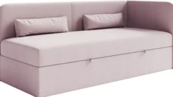 Łóżko młodzieżowe 90x200 cm Calmmo prawostronne z pojemnikiem różowe szenil hydrofobowy