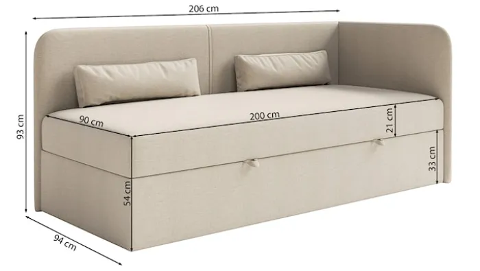 Łóżko młodzieżowe 90x200 cm Calmmo prawostronne z pojemnikiem ciemnobrązowe szenil hydrofobowy