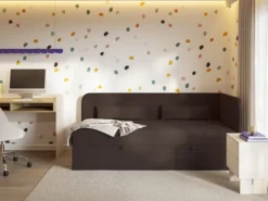 Łóżko młodzieżowe 90x200 cm Calmmo prawostronne z pojemnikiem ciemnobrązowe szenil hydrofobowy