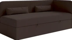 Łóżko młodzieżowe 90x200 cm Calmmo prawostronne z pojemnikiem ciemnobrązowe szenil hydrofobowy