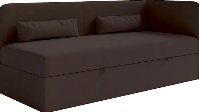 Łóżko młodzieżowe 90x200 cm Calmmo prawostronne z pojemnikiem ciemnobrązowe szenil hydrofobowy