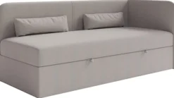 Łóżko młodzieżowe 90x200 cm Calmmo prawostronne z pojemnikiem ciemnobeżowe szenil hydrofobowy