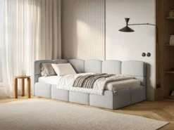 Łóżko młodzieżowe 90x200 cm Cloudy lewostronne z pojemnikiem szarobeżowe boucle