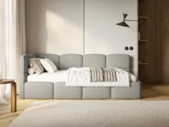 Łóżko młodzieżowe 90x200 cm Cloudy lewostronne z pojemnikiem szare boucle