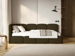 Łóżko młodzieżowe 90x200 cm Cloudy lewostronne z pojemnikiem oliwkowe boucle
