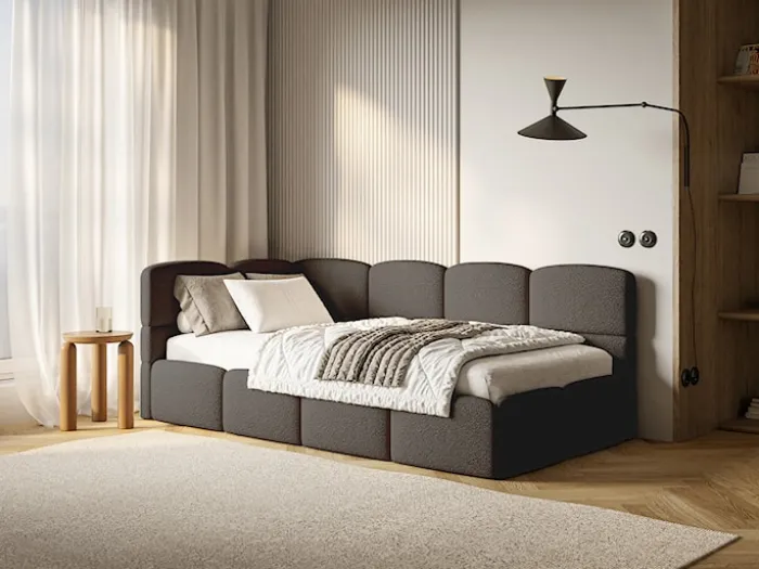 Łóżko młodzieżowe 90x200 cm Cloudy lewostronne z pojemnikiem brązowe boucle