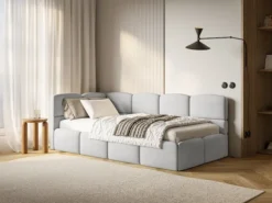 Łóżko młodzieżowe 90x200 cm Cloudy lewostronne z pojemnikiem jasnoszare szenil