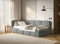 Łóżko młodzieżowe 90x200 cm Cloudy lewostronne z pojemnikiem ciemnoszare szenil