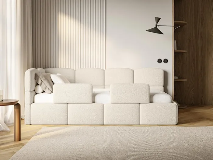 Łóżko młodzieżowe 90x200 cm Cloudy lewostronne z pojemnikiem i barierkami jasnobeżowe boucle