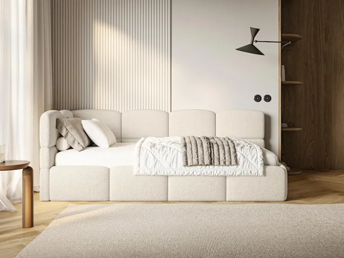 Łóżko młodzieżowe 90x200 cm Cloudy lewostronne z pojemnikiem i barierkami jasnobeżowe boucle