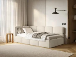 Łóżko młodzieżowe 90x200 cm Cloudy lewostronne z pojemnikiem i barierkami jasnobeżowe boucle