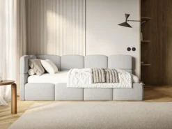 Łóżko młodzieżowe 90x200 cm Cloudy lewostronne z pojemnikiem i barierkami szarobeżowe boucle