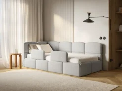 Łóżko młodzieżowe 90x200 cm Cloudy lewostronne z pojemnikiem i barierkami szarobeżowe boucle
