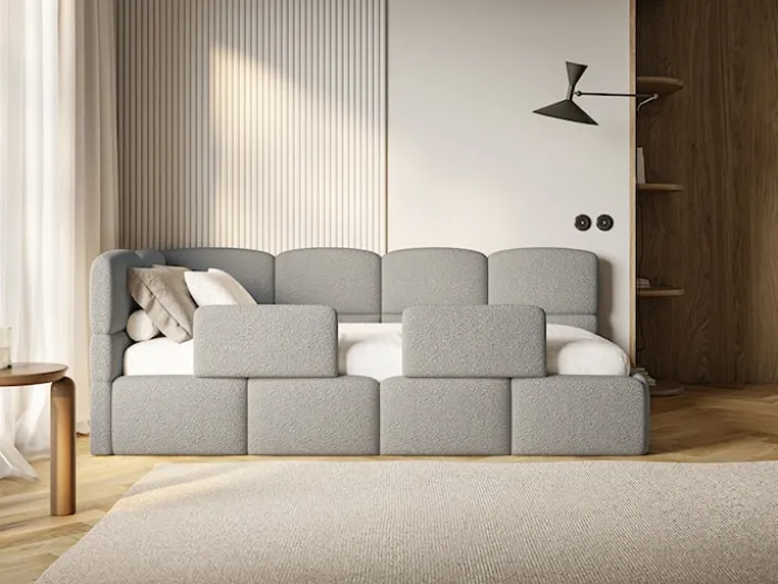 Łóżko młodzieżowe 90x200 cm Cloudy lewostronne z pojemnikiem i barierkami szare boucle