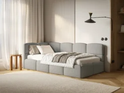 Łóżko młodzieżowe 90x200 cm Cloudy lewostronne z pojemnikiem i barierkami szare boucle